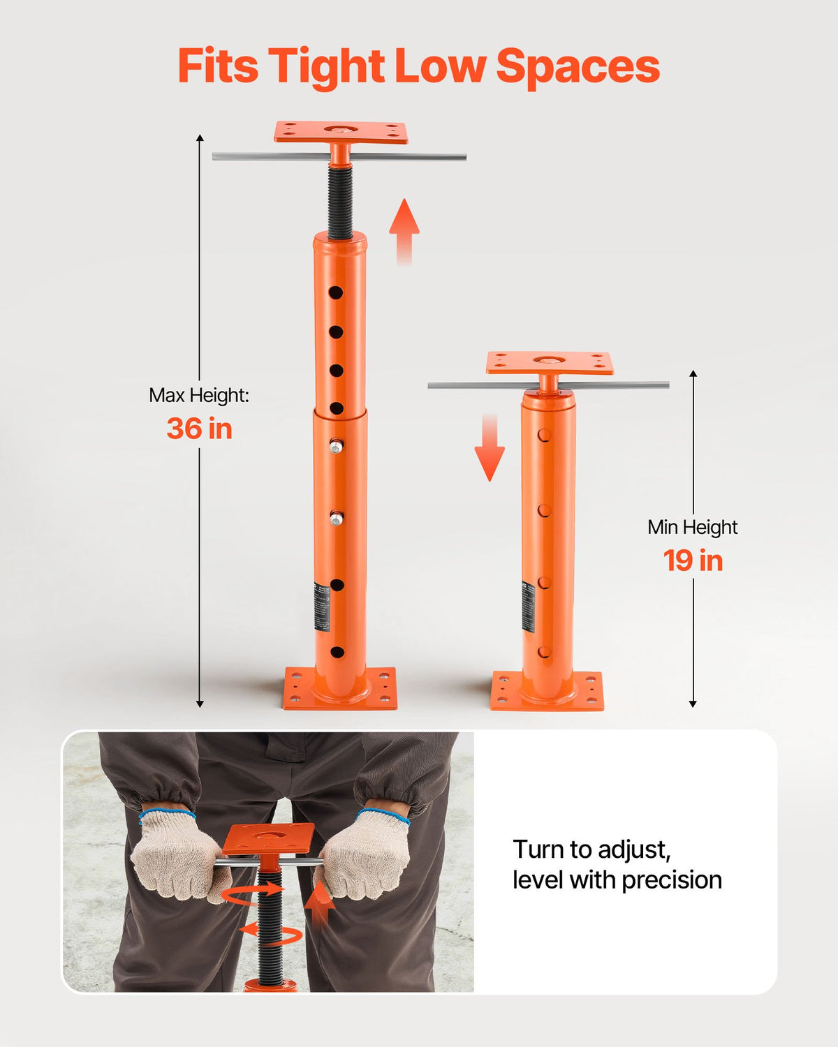 VEVOR House Floor Jacks, 2 Pack 19-36 Inch Height Range, 18000 lbs Max Load Capacity, Adjustable Support Beam Basement Jack Post Pole for Leveling, Lift Steel Telescoping Post for Temporary Support - DBZCQJD2JZ191FWQ0001V0 - view 4