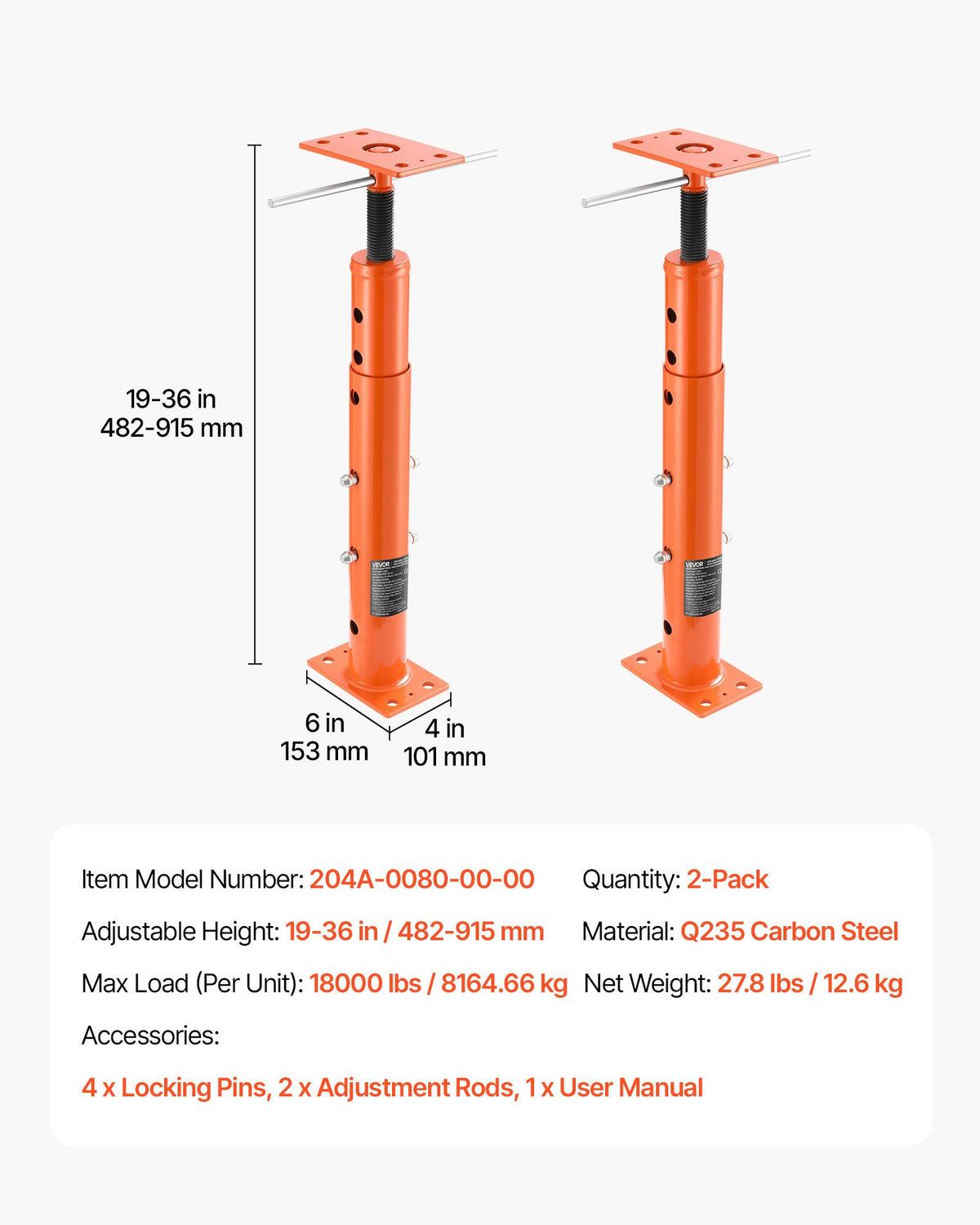 VEVOR House Floor Jacks, 2 Pack 19-36 Inch Height Range, 18000 lbs Max Load Capacity, Adjustable Support Beam Basement Jack Post Pole for Leveling, Lift Steel Telescoping Post for Temporary Support - DBZCQJD2JZ191FWQ0001V0 - view 8