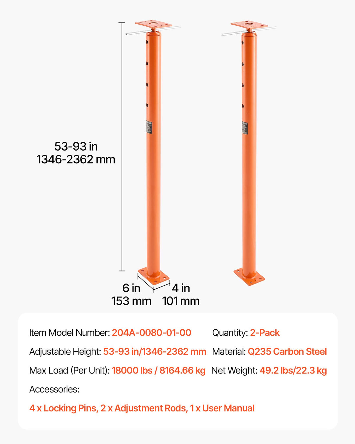 VEVOR House Floor Jacks, 2 Pack 53-93 Inch Height Range, 18000 lbs Max Load Capacity, Adjustable Support Beam Basement Jack Post Pole for Leveling, Lift Steel Telescoping Post for Temporary Support - DBZCQJD2JZ53NXEVN001V0 - view 8