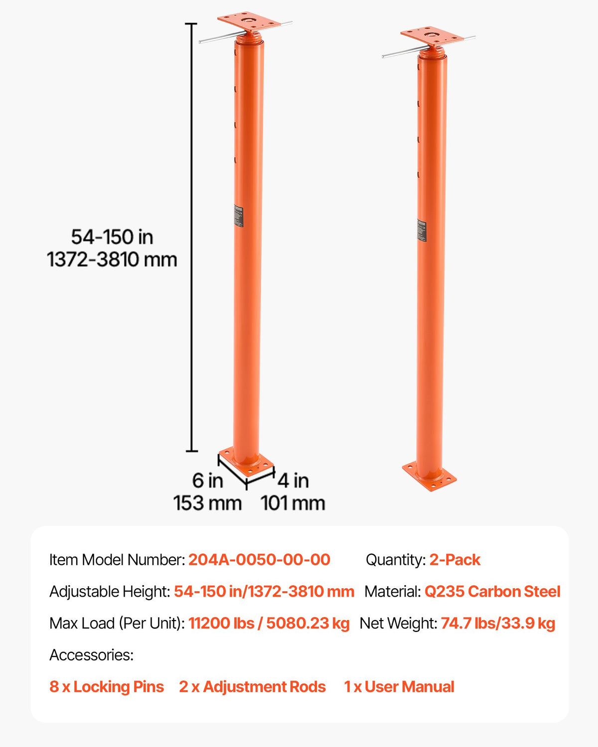 VEVOR House Floor Jacks, 2 Pack 54-150 Inch Height Range, 11200 lbs Max Load Capacity, Adjustable Support Beam Basement Jack Post Pole for Leveling, Lift Steel Telescoping Post for Temporary Support - DBZCQJD2JZ54Y92BR001V0 - view 8