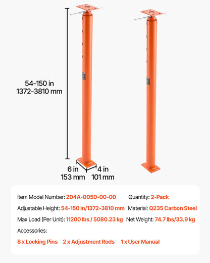 VEVOR House Floor Jacks, 2 Pack 54-150 Inch Height Range, 11200 lbs Max Load Capacity, Adjustable Support Beam Basement Jack Post Pole for Leveling, Lift Steel Telescoping Post for Temporary Support - DBZCQJD2JZ54Y92BR001V0 - view 8