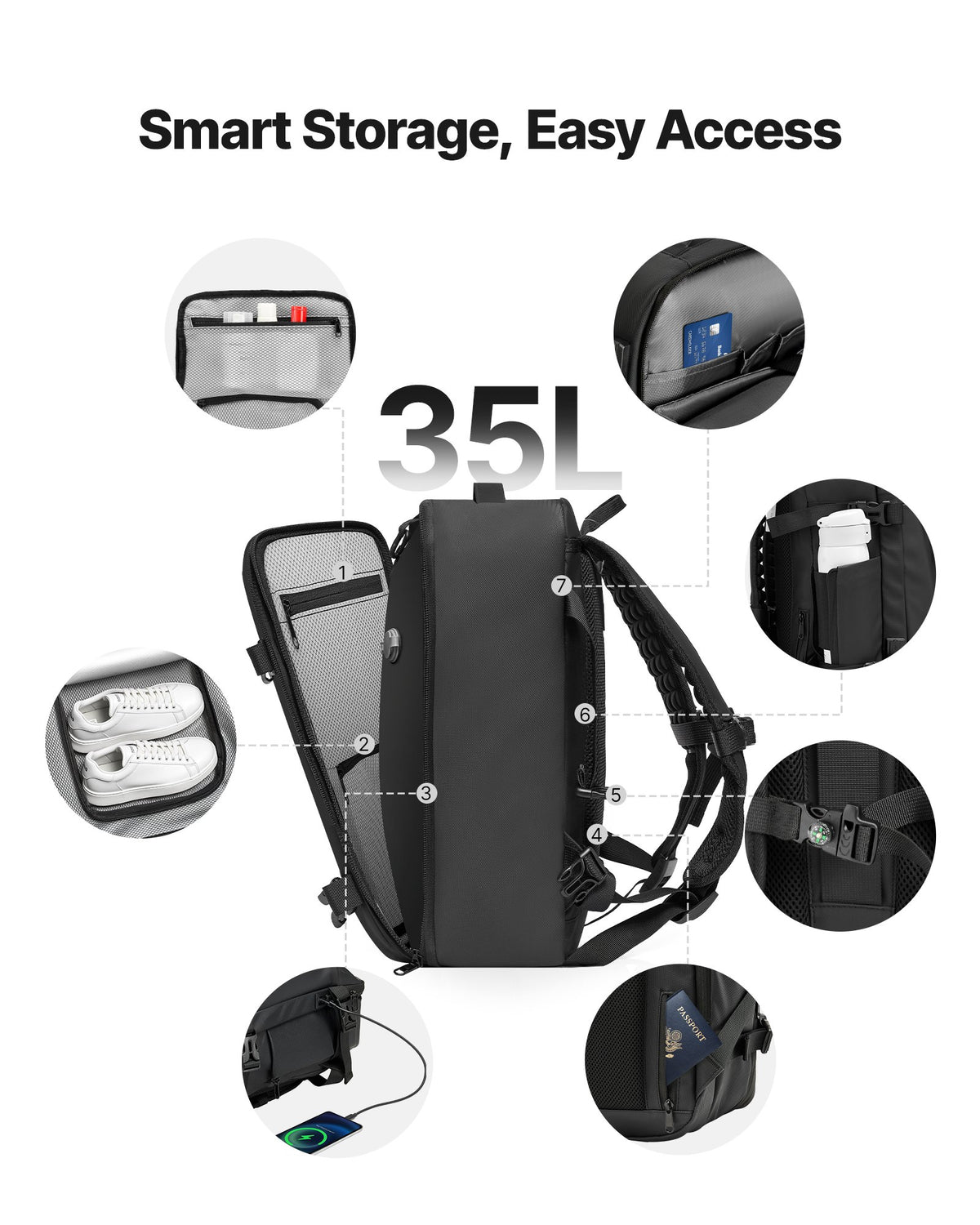 VEVOR Vacuum Travel Backpack, 35L, Vacuum Seal Compression Travel Backpack with Air Pump, Multiple Pockets & Compartments, Water-Resistant Carry-On Suitcase Luggage, Casual Personal Item Bag, Black - DBZKLXBBDB27BHYBA001V9 - view 4