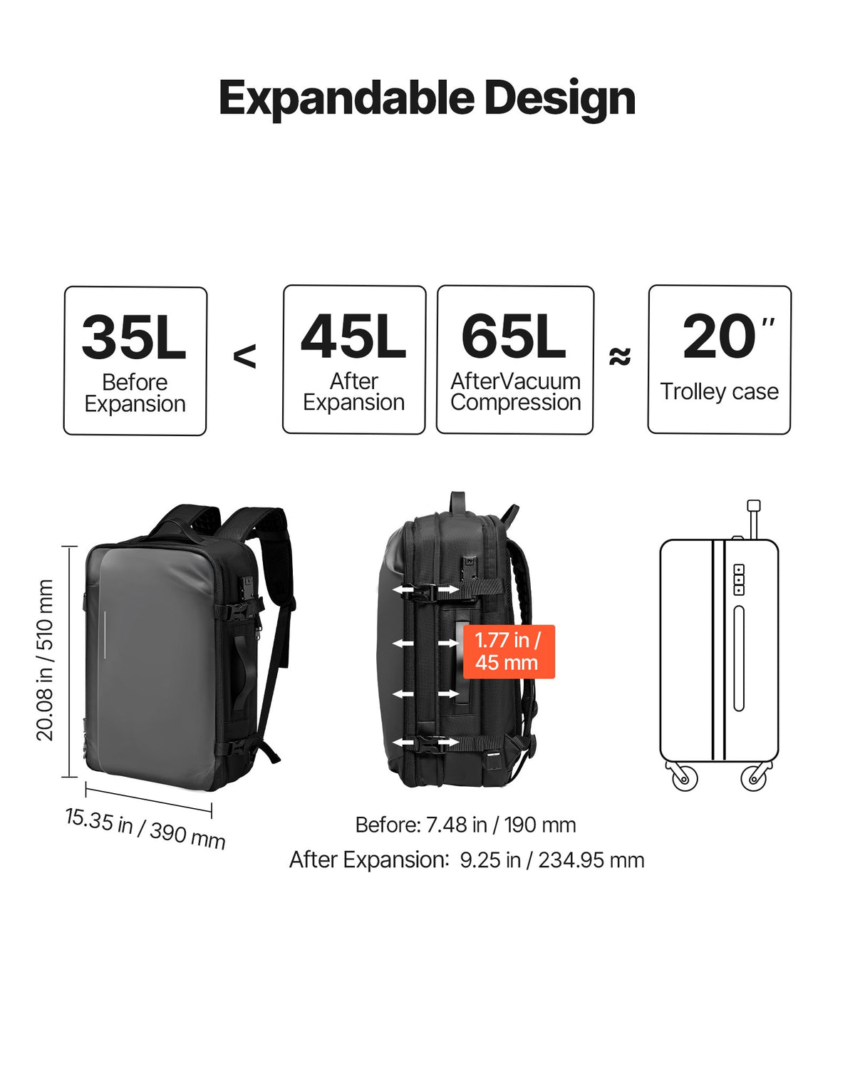 VEVOR Vacuum Travel Backpack, 65L, Expandable Vacuum Seal Compression Travel Backpack with Pump, with TSA-Approved Lock, Airback Vacpack, Water-Resistant Carry-On Suitcase Luggage, for Business, Gray - DBZKLXBBDB45DYSYL001V9 - view 8