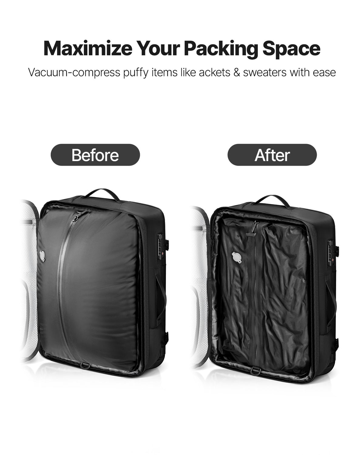 VEVOR Vacuum Travel Backpack, 80L, Expandable Vacuum Seal Compression Travel Backpack with Pump, with TSA-Approved Lock, Airback Vacpack, Water-Resistant Carry-On Suitcase Luggage, for Business, Black - DBZKLXBBDB80W3G27001V9 - view 3