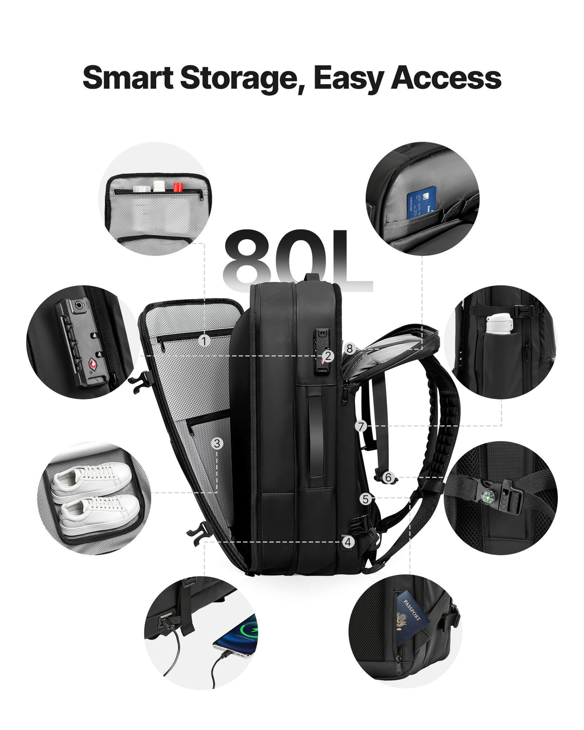 VEVOR Vacuum Travel Backpack, 80L, Expandable Vacuum Seal Compression Travel Backpack with Pump, with TSA-Approved Lock, Airback Vacpack, Water-Resistant Carry-On Suitcase Luggage, for Business, Black - DBZKLXBBDB80W3G27001V9 - view 4