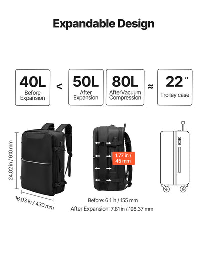 VEVOR Vacuum Travel Backpack, 80L, Expandable Vacuum Seal Compression Travel Backpack with Pump, with TSA-Approved Lock, Airback Vacpack, Water-Resistant Carry-On Suitcase Luggage, for Business, Black - DBZKLXBBDB80W3G27001V9 - view 8