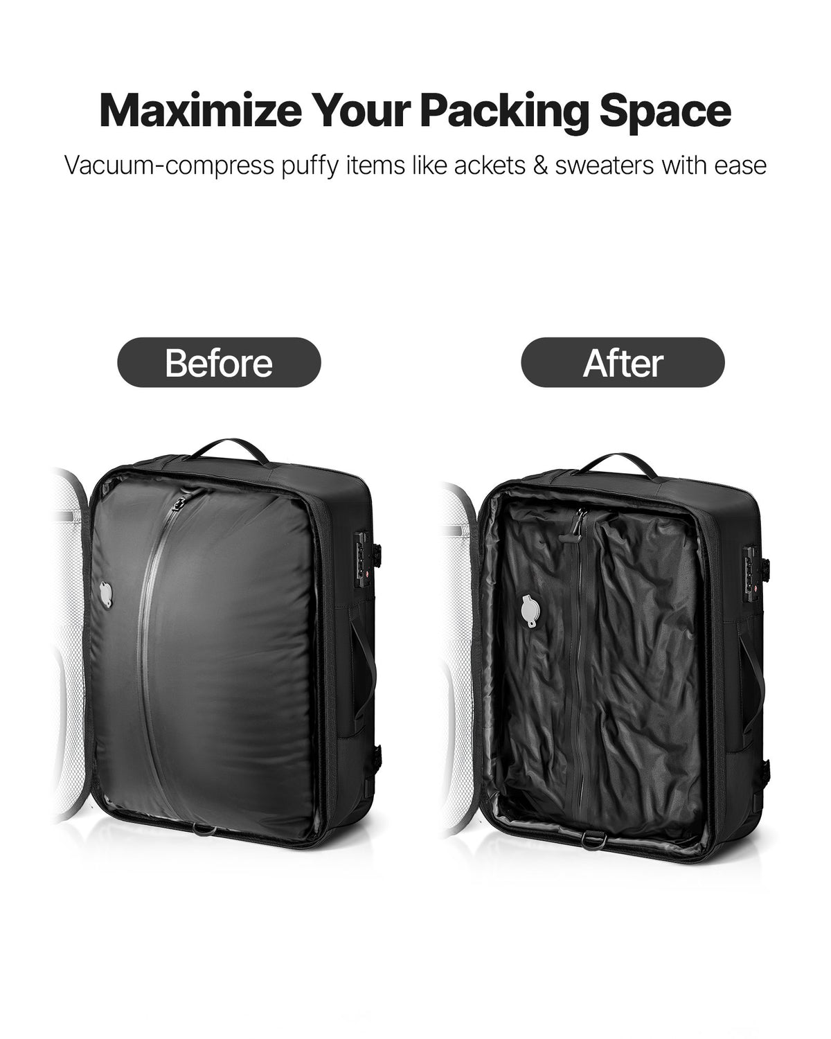 VEVOR Vacuum Travel Backpack, 65L, Expandable Vacuum Seal Compression Travel Backpack, with TSA-Approved Lock, Multiple Pockets Compartments, Water-Resistant Carry-On Suitcase Luggage, No Pump, Black - DBZKLXBBHSWBKXOI3001V0 - view 3