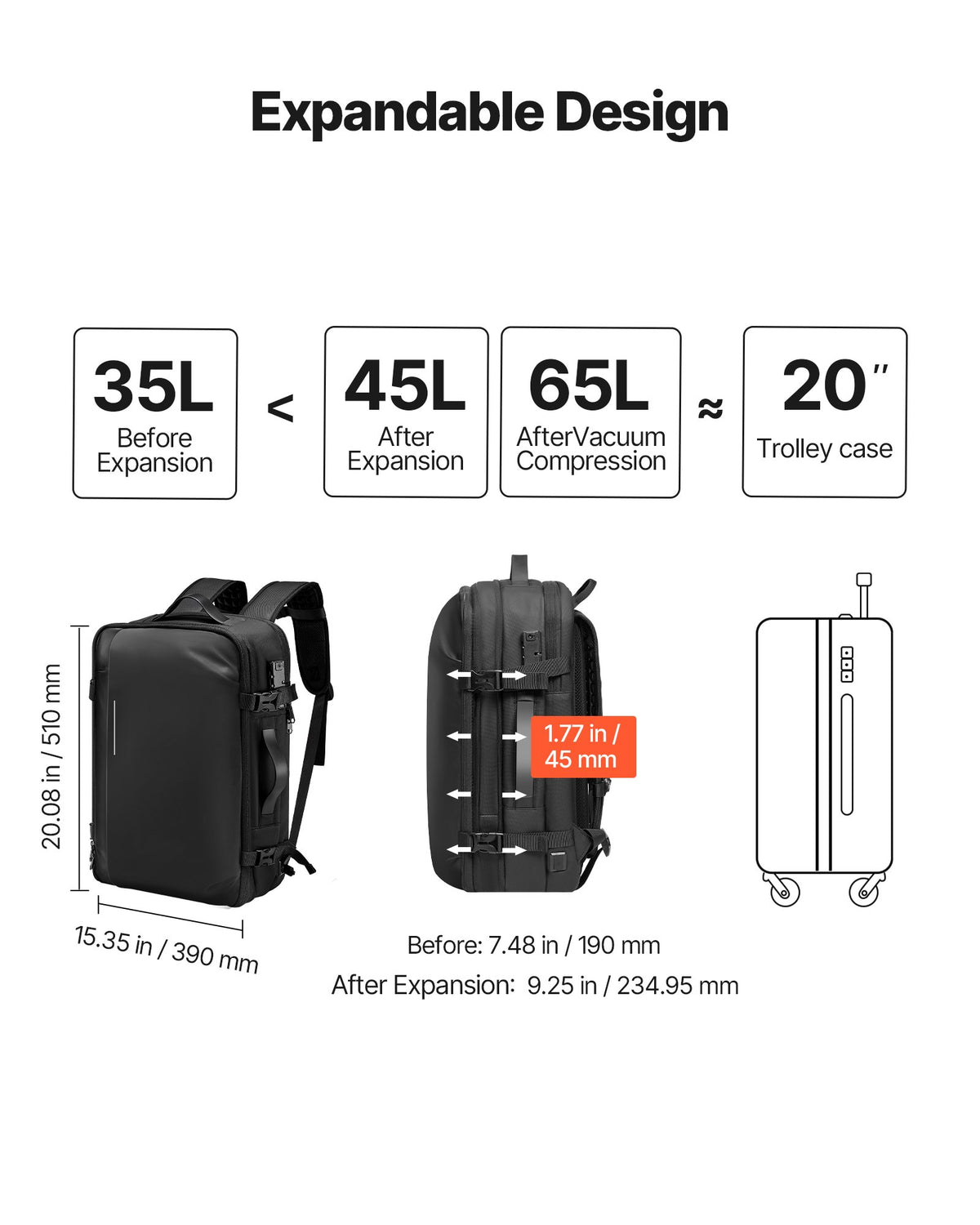 VEVOR Vacuum Travel Backpack, 65L, Expandable Vacuum Seal Compression Travel Backpack, with TSA-Approved Lock, Multiple Pockets Compartments, Water-Resistant Carry-On Suitcase Luggage, No Pump, Black - DBZKLXBBHSWBKXOI3001V0 - view 8