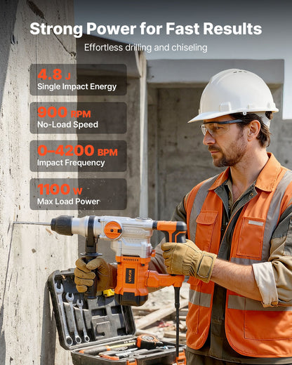VEVOR Rotary Hammer Drill, 1-1/8 in SDS-Plus Electric Corded Heavy Duty Rotary Hammer, Including 3 Drill Bits, Flat Chisel, Pointed Chisel, Grease, Brush, and Carrying Case, for Concrete and Masonry - DC2028MM310JDM45N001V1 - view 3