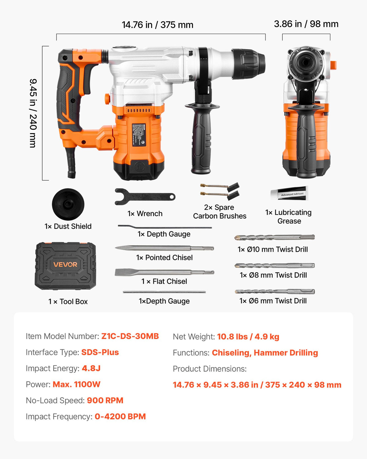 VEVOR Rotary Hammer Drill, 1-1/8 in SDS-Plus Electric Corded Heavy Duty Rotary Hammer, Including 3 Drill Bits, Flat Chisel, Pointed Chisel, Grease, Brush, and Carrying Case, for Concrete and Masonry - DC2028MM310JDM45N001V1 - view 8