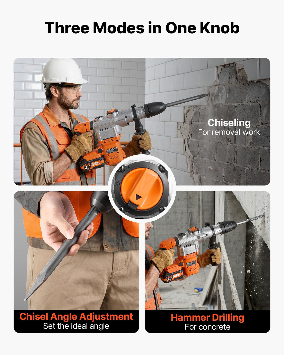 VEVOR Rotary Hammer Drill, 1-9/16 in SDS-Max Cordless, Heavy Duty 20V Battery Powered Rotary Hammer, Including 2 Batteries, Charger, Drill Bit, Pointed Chisel, Carrying Case, for Concrete, Masonry - DC2040MM310JZL6ZB001V1 - view 4