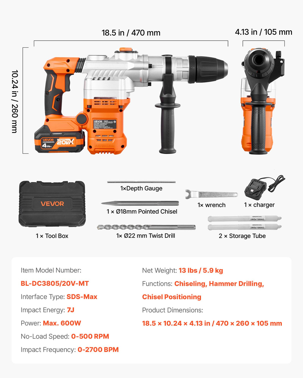VEVOR Rotary Hammer Drill, 1-9/16 in SDS-Max Cordless, Heavy Duty 20V Battery Powered Rotary Hammer, Including 2 Batteries, Charger, Drill Bit, Pointed Chisel, Carrying Case, for Concrete, Masonry - DC2040MM310JZL6ZB001V1 - view 8
