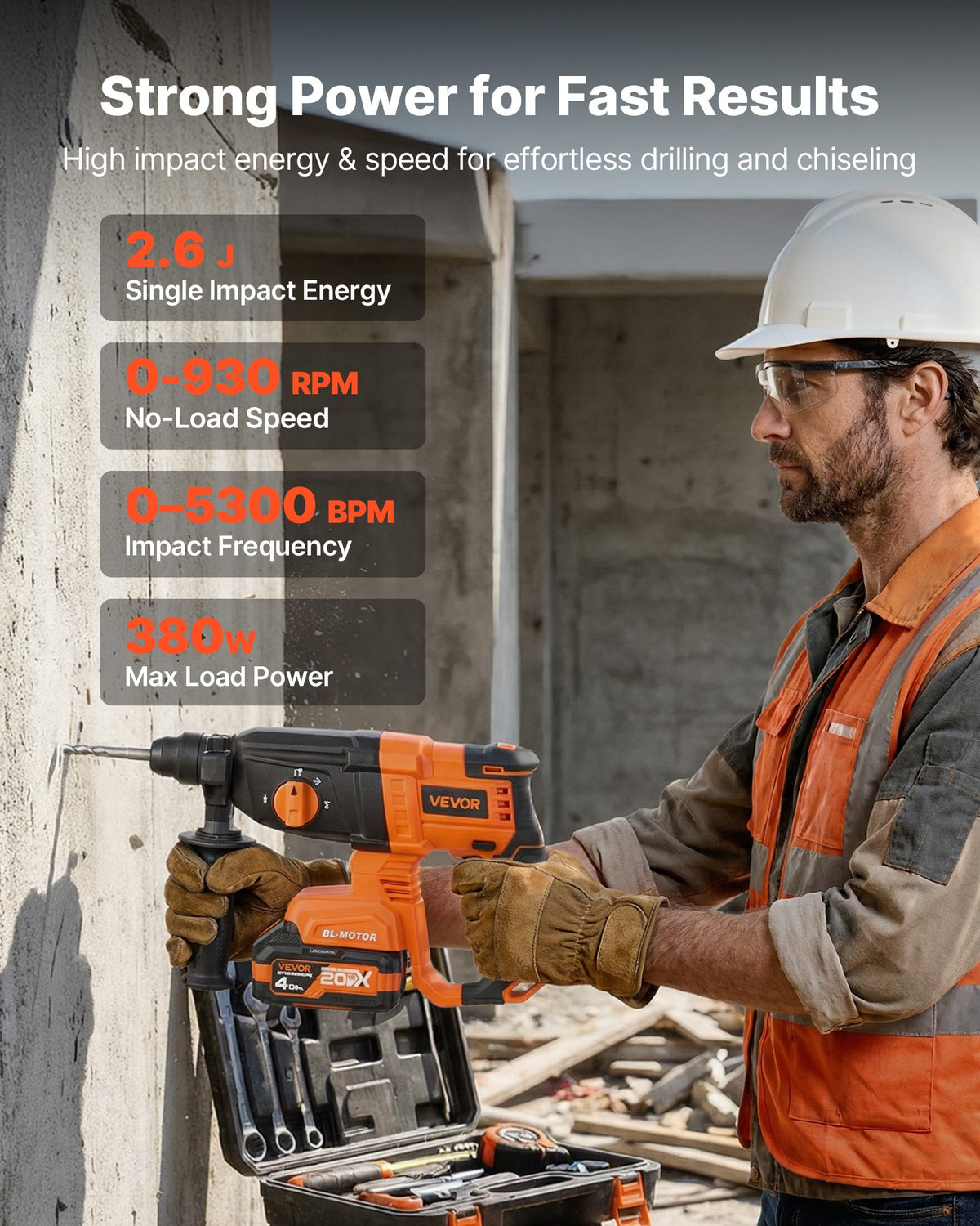 VEVOR Rotary Hammer Drill, 7/8 in SDS-Plus Cordless, 20V Battery Powered Rotary Hammer, Brushless, Including Battery, Charger, 3 Drill Bits, Flat Chisel, Pointed Chisel, Carrying Case, for Concrete - DC20SQK22MM0F1D55001V1 - view 3
