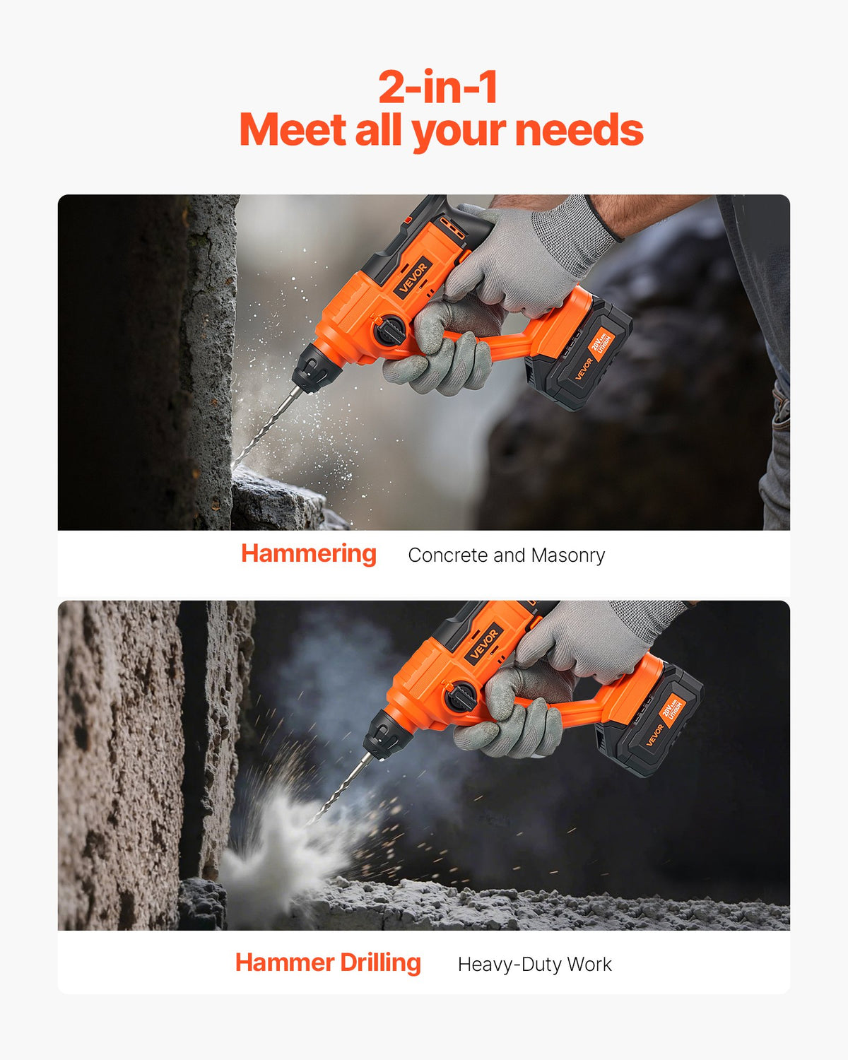 VEVOR 20V Cordless Hammer Drill, Lithium-Ion 0.6 Inch Rotary Hammer Driver, SDS-Plus Electric Lightweight Power Tool Kit with Battery and Charger, 2 Functions, 1000 RPM, 5100 BPM - DC20WSDC16MM3L8P3001V1 - view 4