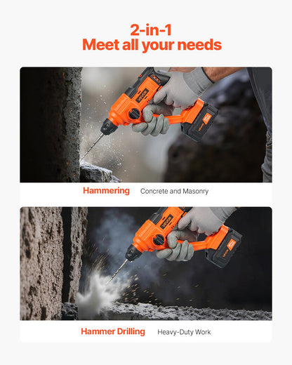 VEVOR 20V Cordless Hammer Drill, Lithium-Ion 0.6 Inch Rotary Hammer Driver, SDS-Plus Electric Lightweight Power Tool Kit with Battery and Charger, 2 Functions, 1000 RPM, 5100 BPM - DC20WSDC16MM3L8P3001V1 - view 4