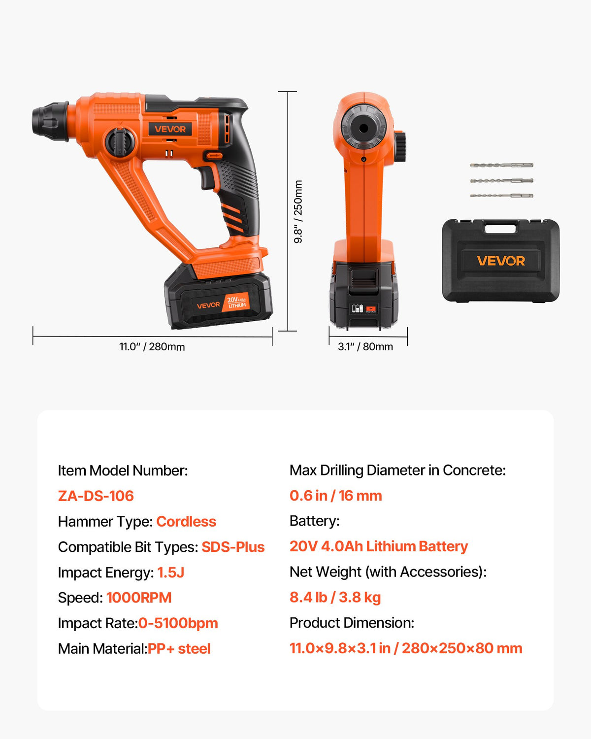 VEVOR 20V Cordless Hammer Drill, Lithium-Ion 0.6 Inch Rotary Hammer Driver, SDS-Plus Electric Lightweight Power Tool Kit with Battery and Charger, 2 Functions, 1000 RPM, 5100 BPM - DC20WSDC16MM3L8P3001V1 - view 7