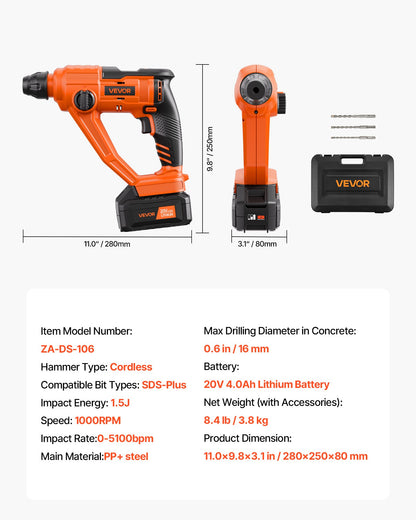 VEVOR 20V Cordless Hammer Drill, Lithium-Ion 0.6 Inch Rotary Hammer Driver, SDS-Plus Electric Lightweight Power Tool Kit with Battery and Charger, 2 Functions, 1000 RPM, 5100 BPM - DC20WSDC16MM3L8P3001V1 - view 7