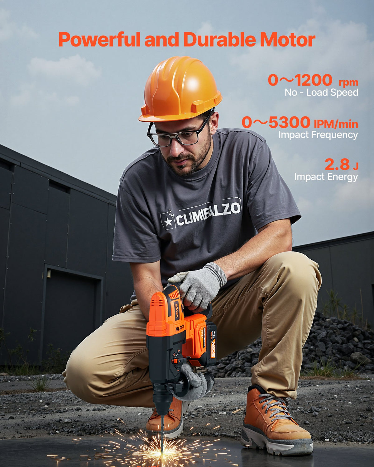 VEVOR 20V Brushless Cordless Hammer Drill, Lithium-Ion 1 Inch Rotary Hammer Driver, SDS-Plus Electric Lightweight Power Tool Kit with Battery and Charger, 4 Functions, 1200 RPM, 5300 BPM - DC20WSDC26MMTHJL9001V1 - view 3