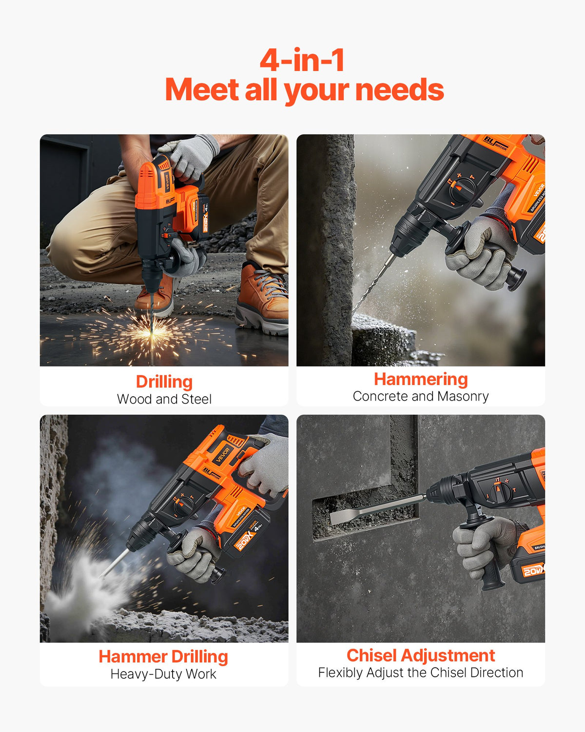VEVOR 20V Brushless Cordless Hammer Drill, Lithium-Ion 1 Inch Rotary Hammer Driver, SDS-Plus Electric Lightweight Power Tool Kit with Battery and Charger, 4 Functions, 1200 RPM, 5300 BPM - DC20WSDC26MMTHJL9001V1 - view 4