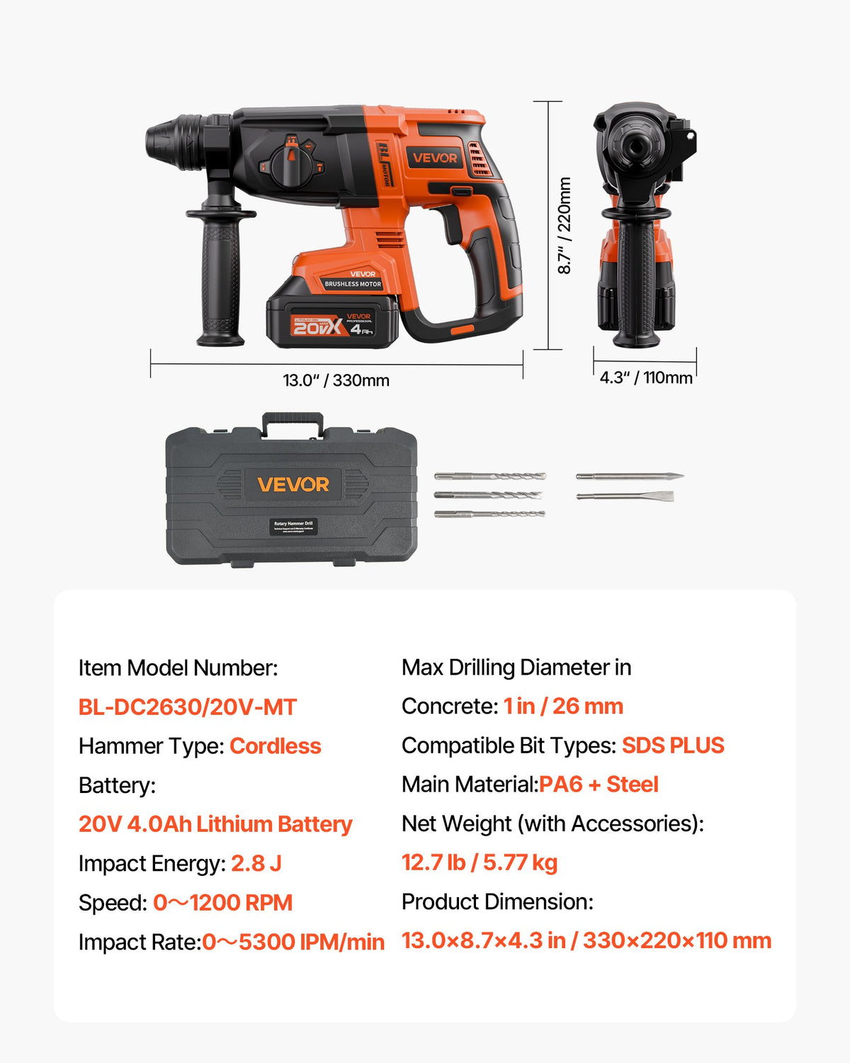 VEVOR 20V Brushless Cordless Hammer Drill, Lithium-Ion 1 Inch Rotary Hammer Driver, SDS-Plus Electric Lightweight Power Tool Kit with Battery and Charger, 4 Functions, 1200 RPM, 5300 BPM - DC20WSDC26MMTHJL9001V1 - view 8