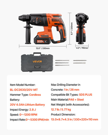VEVOR 20V Brushless Cordless Hammer Drill, Lithium-Ion 1 Inch Rotary Hammer Driver, SDS-Plus Electric Lightweight Power Tool Kit with Battery and Charger, 4 Functions, 1200 RPM, 5300 BPM - DC20WSDC26MMTHJL9001V1 - view 8