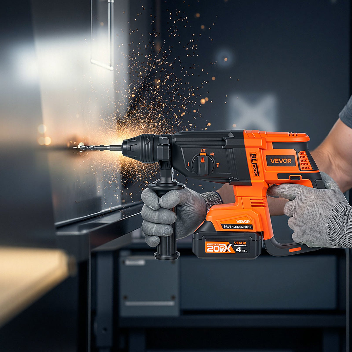 VEVOR 20V Brushless Cordless Hammer Drill, Lithium-Ion 1 Inch Rotary Hammer Driver, SDS-Plus Electric Lightweight Power Tool Kit with Battery and Charger, 4 Functions, 1200 RPM, 5300 BPM - DC20WSDC26MMTHJL9001V1 - view 9