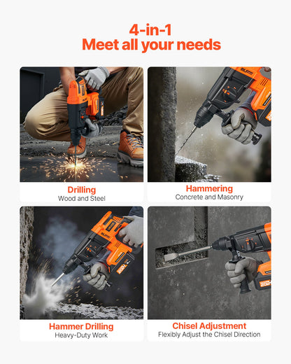 VEVOR 20V Brushless Cordless Hammer Drill, Lithium-Ion 1.1 Inch Rotary Hammer Driver, SDS-Plus Electric Lightweight Power Tool Kit with Battery and Charger, 4 Functions, 1200 RPM, 5300 BPM - DC20WSDC28MMG9H4B001V1 - view 4