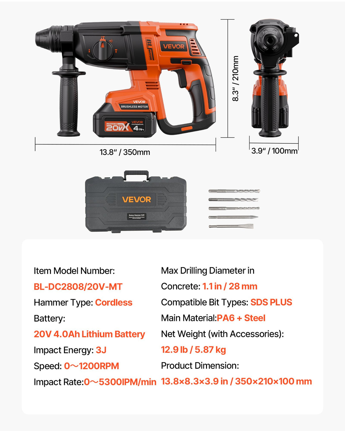 VEVOR 20V Brushless Cordless Hammer Drill, Lithium-Ion 1.1 Inch Rotary Hammer Driver, SDS-Plus Electric Lightweight Power Tool Kit with Battery and Charger, 4 Functions, 1200 RPM, 5300 BPM - DC20WSDC28MMG9H4B001V1 - view 8