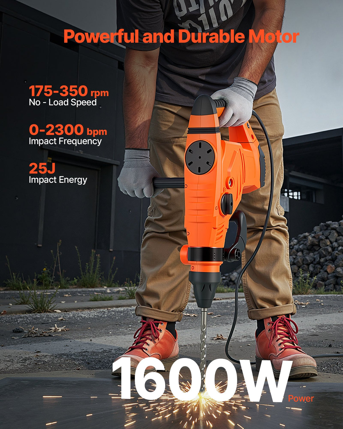 VEVOR Corded Hammer Drill, 1600W 175-350RPM Electric Demolition Drills, 2-Inch SDS-Max Rotary Hammer Driver, 3 Functions Chipping Power Tool Kit for Concrete, Drilling Wood Plastic - DC20YSDC44MMAV1U7001V1 - view 3