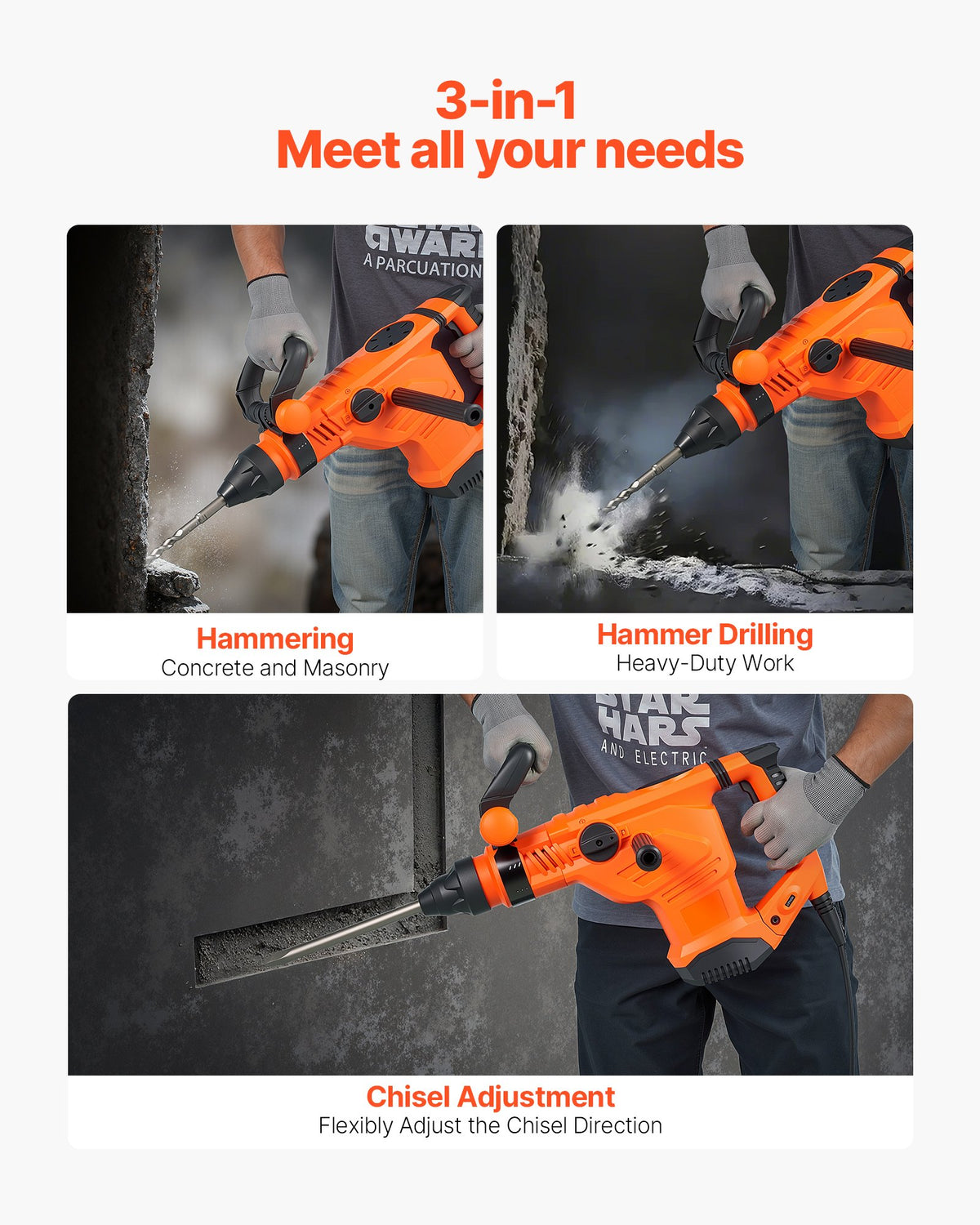 VEVOR Corded Hammer Drill, 1600W 175-350RPM Electric Demolition Drills, 2-Inch SDS-Max Rotary Hammer Driver, 3 Functions Chipping Power Tool Kit for Concrete, Drilling Wood Plastic - DC20YSDC44MMAV1U7001V1 - view 4