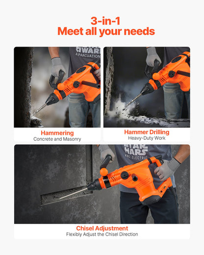 VEVOR Corded Hammer Drill, 1600W 175-350RPM Electric Demolition Drills, 2-Inch SDS-Max Rotary Hammer Driver, 3 Functions Chipping Power Tool Kit for Concrete, Drilling Wood Plastic - DC20YSDC44MMAV1U7001V1 - view 4
