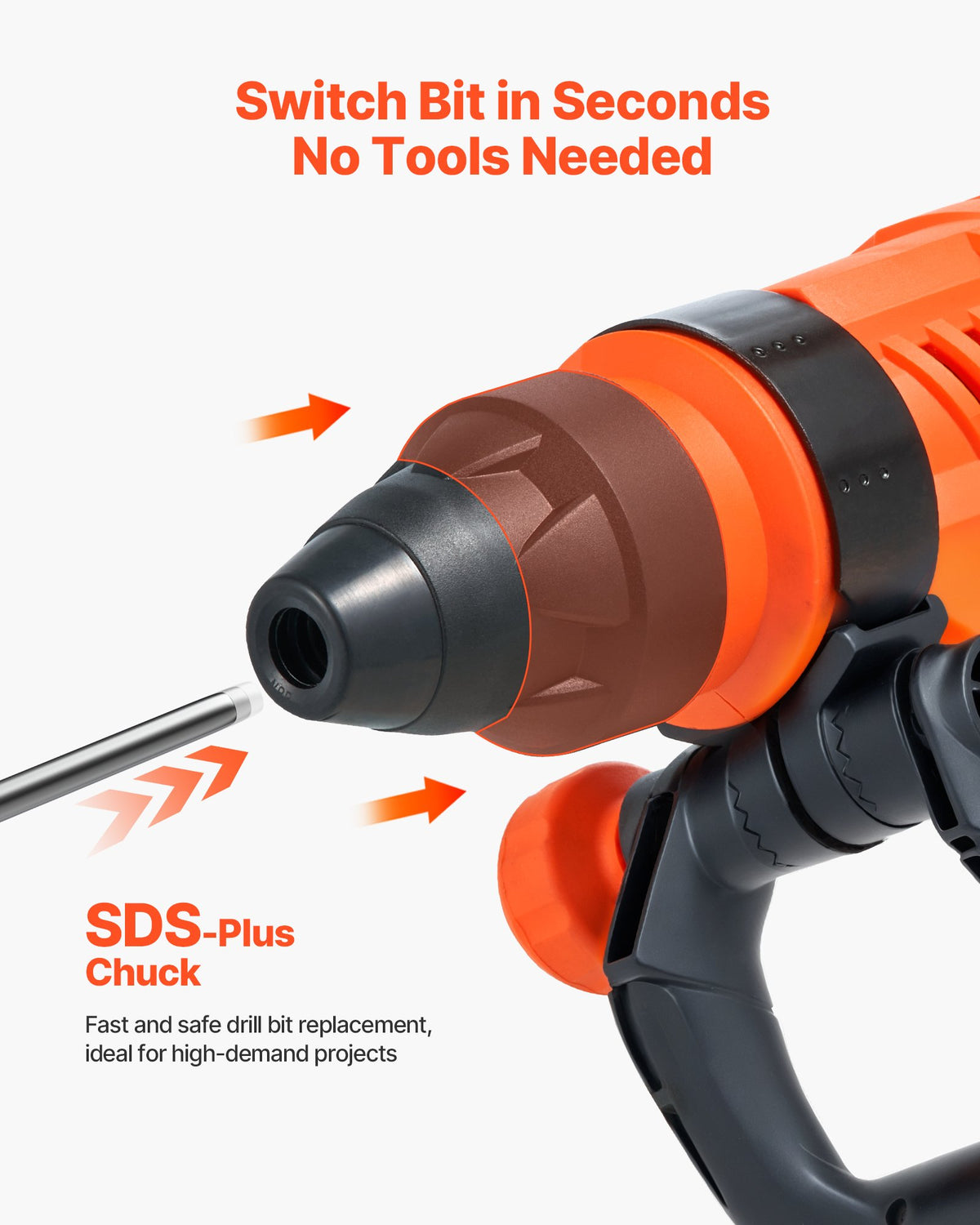VEVOR Corded Hammer Drill, 1600W 175-350RPM Electric Demolition Drills, 2-Inch SDS-Max Rotary Hammer Driver, 3 Functions Chipping Power Tool Kit for Concrete, Drilling Wood Plastic - DC20YSDC44MMAV1U7001V1 - view 6