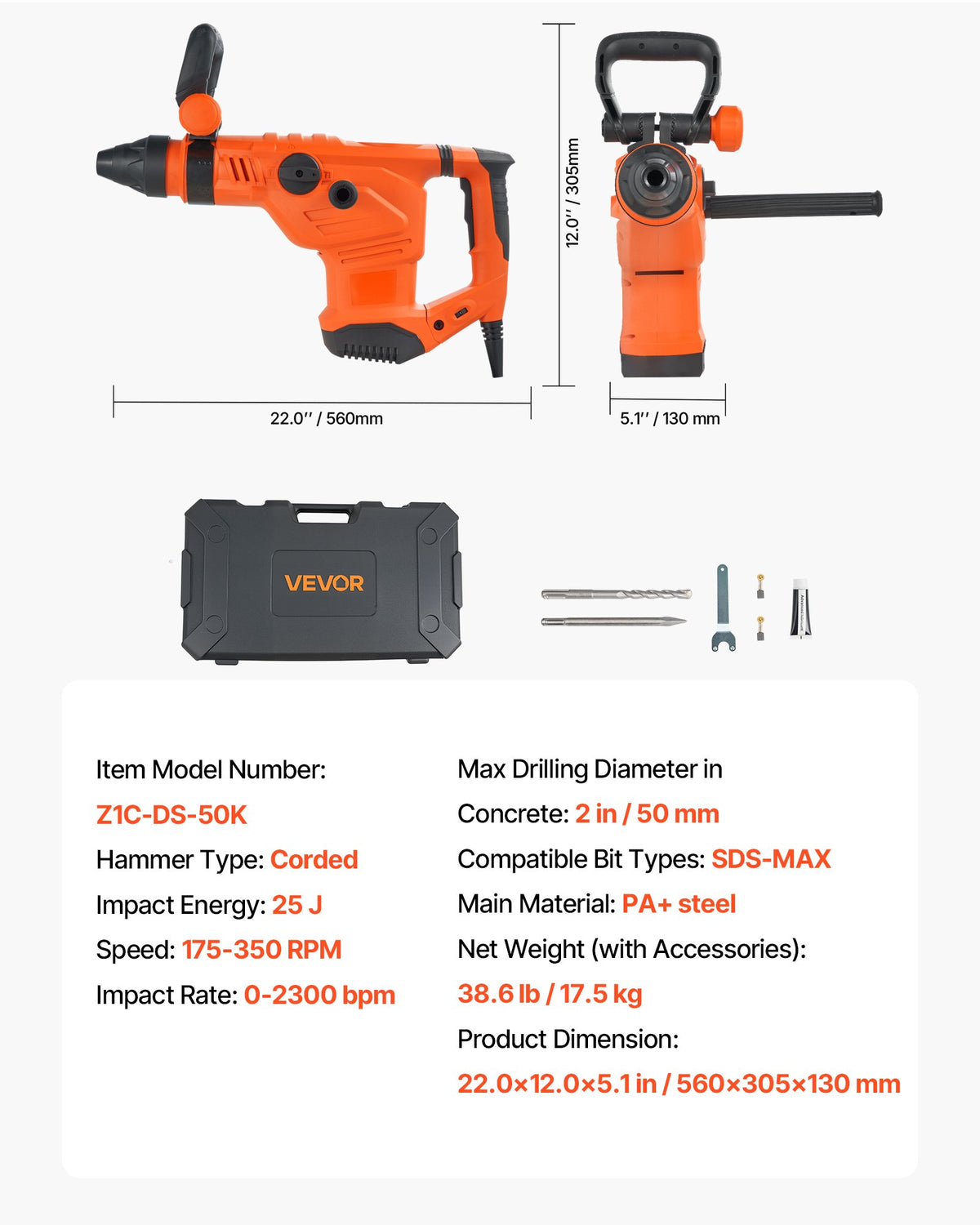 VEVOR Corded Hammer Drill, 1600W 175-350RPM Electric Demolition Drills, 2-Inch SDS-Max Rotary Hammer Driver, 3 Functions Chipping Power Tool Kit for Concrete, Drilling Wood Plastic - DC20YSDC44MMAV1U7001V1 - view 8