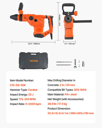 VEVOR Corded Hammer Drill, 1600W 175-350RPM Electric Demolition Drills, 2-Inch SDS-Max Rotary Hammer Driver, 3 Functions Chipping Power Tool Kit for Concrete, Drilling Wood Plastic - DC20YSDC44MMAV1U7001V1 - view 8