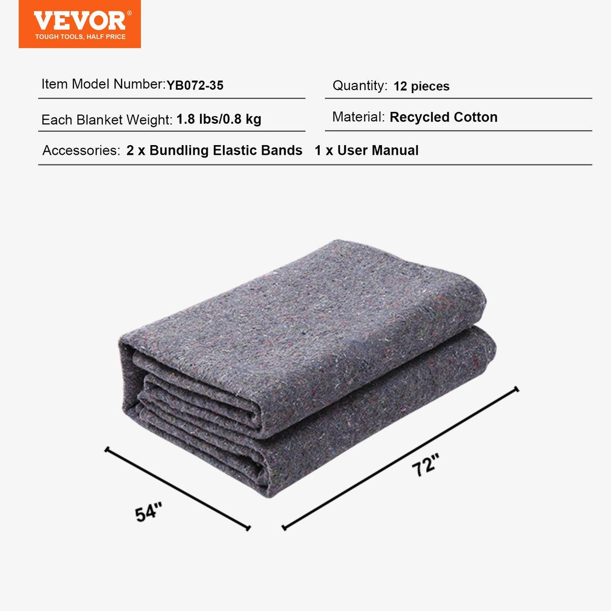 VEVOR Moving Blankets, 72" x 54", 21 lbs/dz Weight, 12 Packs, Professional Recycled Cotton Packing Blanket, Large Heavy Duty Shipping Mover Pads Perfect for Protecting Furniture, Floors, Appliances - DCBYT72X54INR64KOV0 - view 8