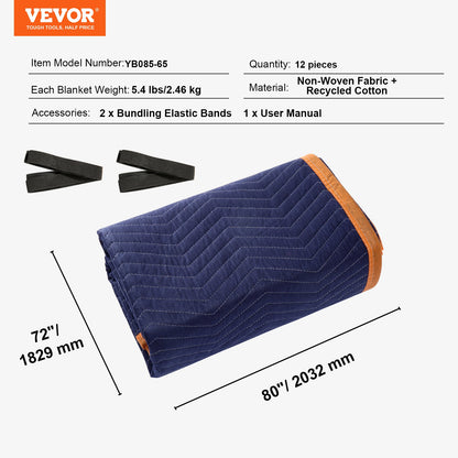 VEVOR Moving Blankets, 80" x 72", 65 lbs/dz Weight, 12 Packs, Professional Non-Woven & Recycled Cotton Packing Blanket, Heavy Duty Mover Pads for Protecting Furniture, Floors, Appliances, Blue/Orange - DCBYT80X72IN5J3EWV0 - view 8