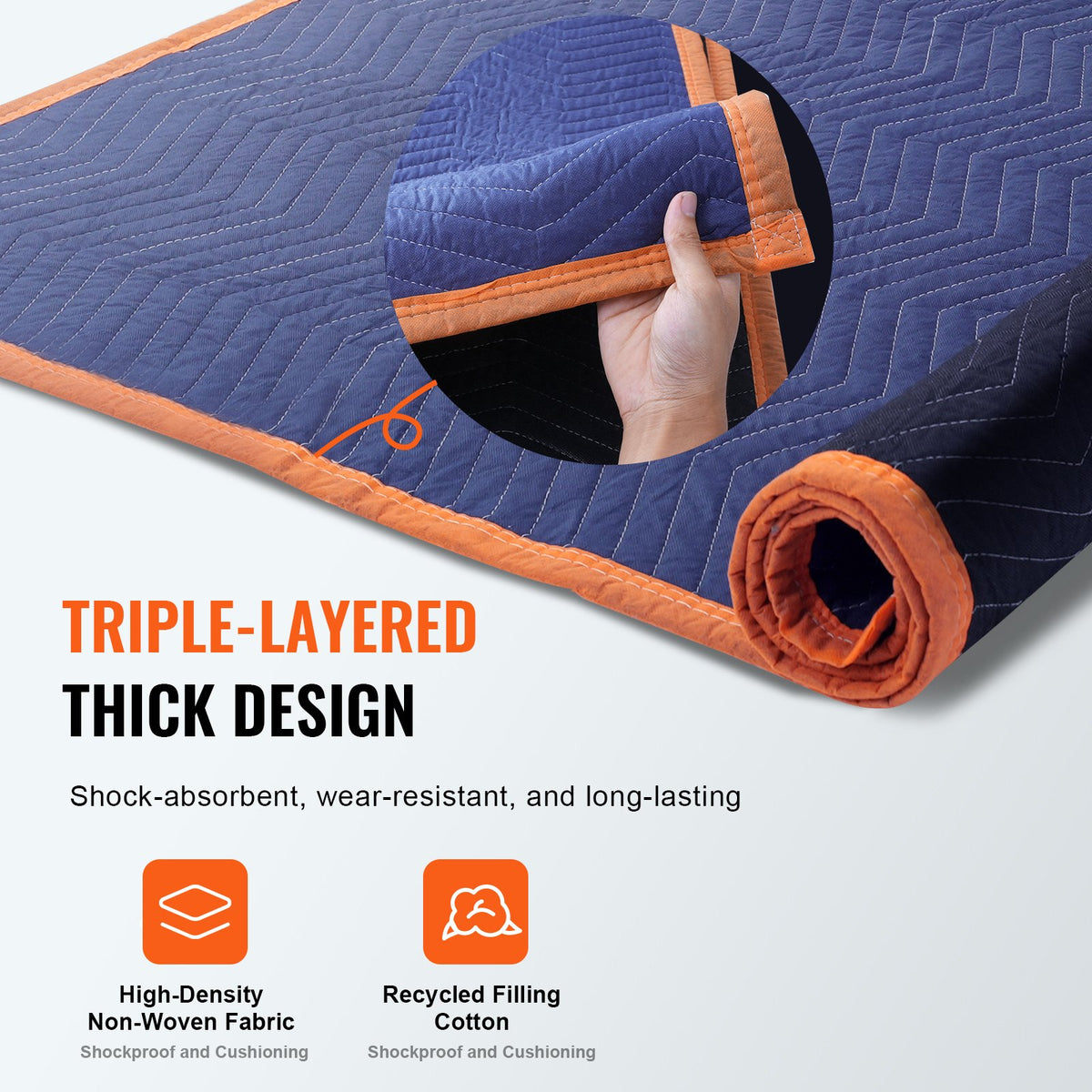 VEVOR Moving Blankets, 80" x 72", 35 lbs/dz Weight, 12 Packs, Professional Non-Woven & Recycled Cotton Packing Blanket, Heavy Duty Mover Pads for Protecting Furniture, Floors, Appliances, Blue/Orange - DCBYT80X72INUDL28V0 - view 4