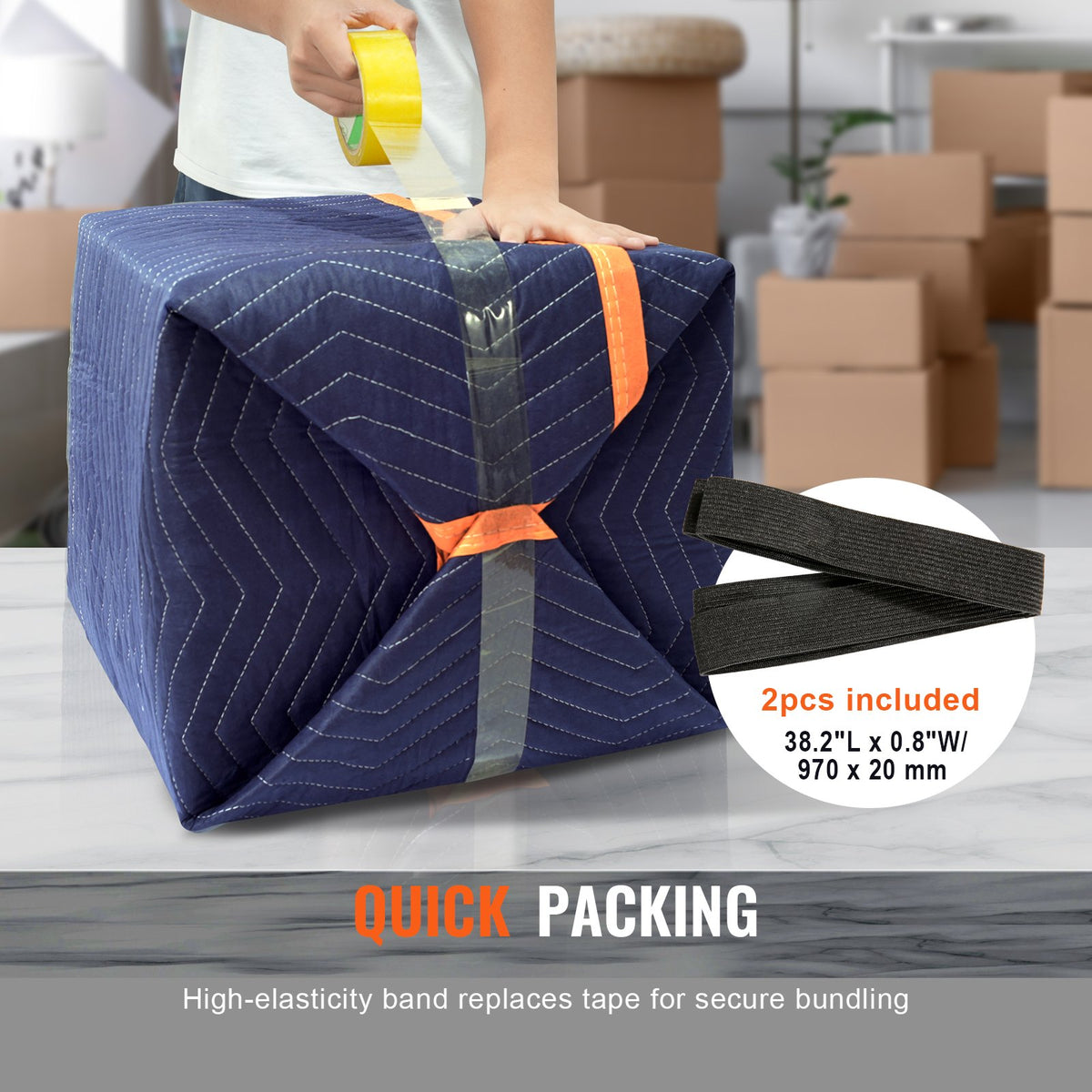 VEVOR Moving Blankets, 80" x 72", 35 lbs/dz Weight, 12 Packs, Professional Non-Woven & Recycled Cotton Packing Blanket, Heavy Duty Mover Pads for Protecting Furniture, Floors, Appliances, Blue/Orange - DCBYT80X72INUDL28V0 - view 6