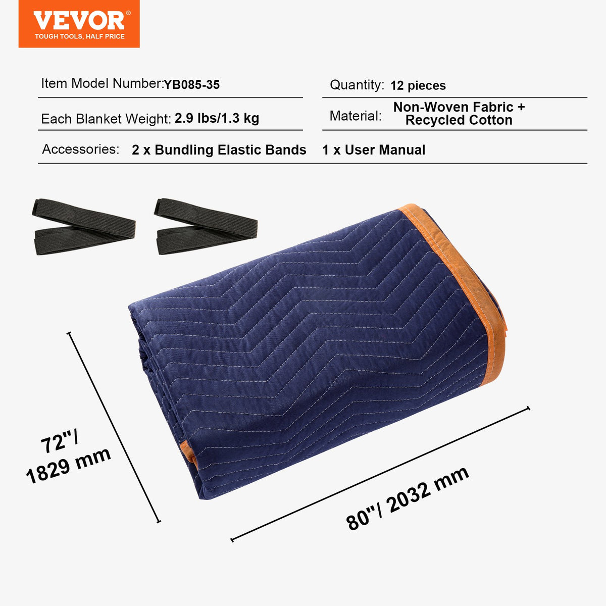 VEVOR Moving Blankets, 80" x 72", 35 lbs/dz Weight, 12 Packs, Professional Non-Woven & Recycled Cotton Packing Blanket, Heavy Duty Mover Pads for Protecting Furniture, Floors, Appliances, Blue/Orange - DCBYT80X72INUDL28V0 - view 8