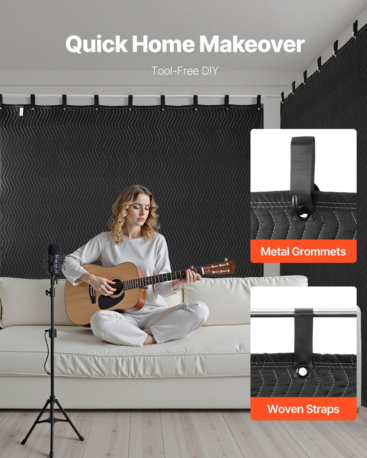 VEVOR 2 Pcs Sound Dampening Blankets, Soundproof Curtains with 96 x 80 in, Soundproof Blanket with Grommets, Studio Grommeted Blanket, for Window, Door, Light Blocker, Music Recording, Black - DCBYT96X80IN2UFBY001V0 - view 7