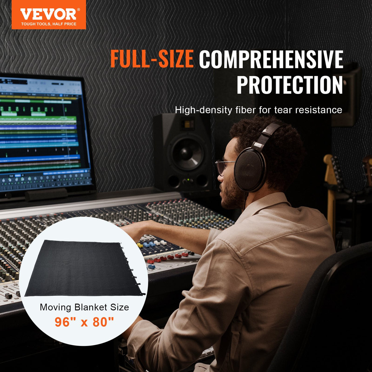 VEVOR Sound Dampening Blanket, 96" x 80", Extra Large Studio Grommeted Soundproof Blanket with Grommets, Light Blocker for Door Acoustic Noise Blocking Blanket Studio Sound Absorption Sheet, Black - DCBYT96X80INMZ6ETV0 - view 3
