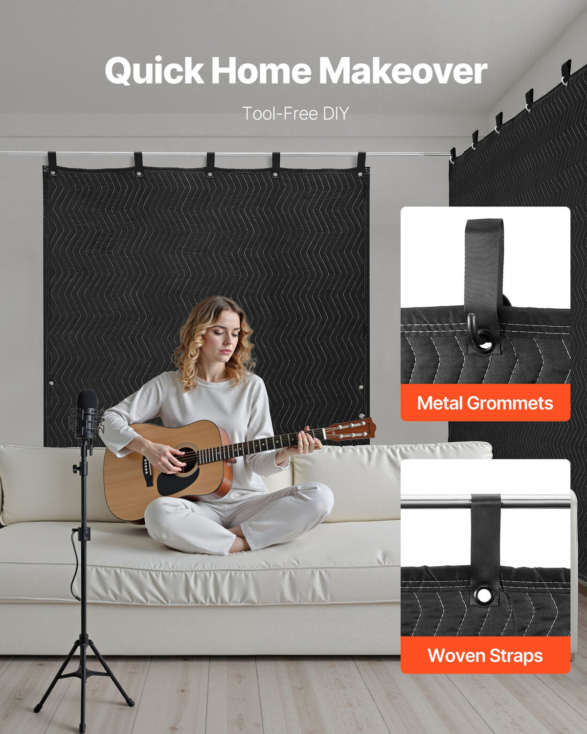 VEVOR Sound Dampening Blankets, Soundproof Curtains with 80 x 48 in, Soundproof Blanket with Grommets, Studio Grommeted Blanket, for Window, Door, Light Blocker, Music Recording, Black - DCBYTL96W48I9SVVT001V0 - view 7