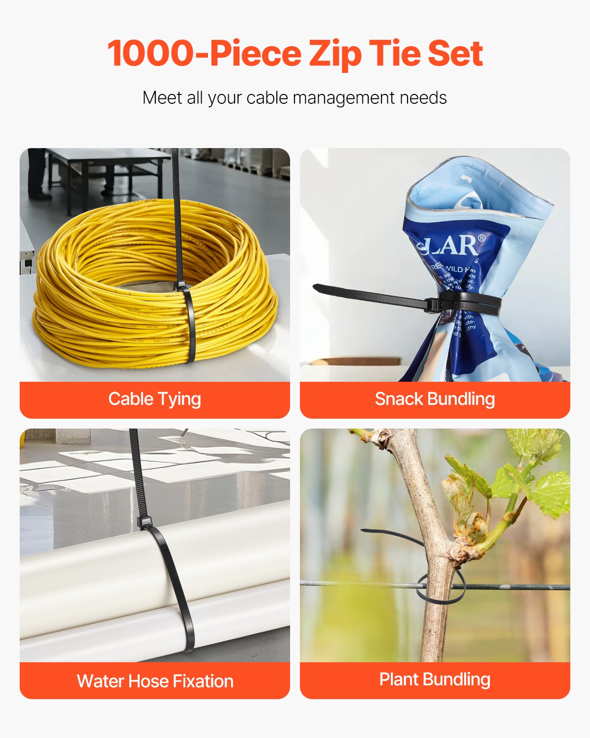 VEVOR 1000 Pack Cable Zip Ties, 12-inch Heavy Duty Cable Wire Ties with 50LBS High Tensile Strength, Multi-Purpose Self-Locking Nylon Tie Wraps, Heat & Cold Resistant for Indoor and Outdoor Use - DCCTZDLZD12I4I41NV0 - view 3