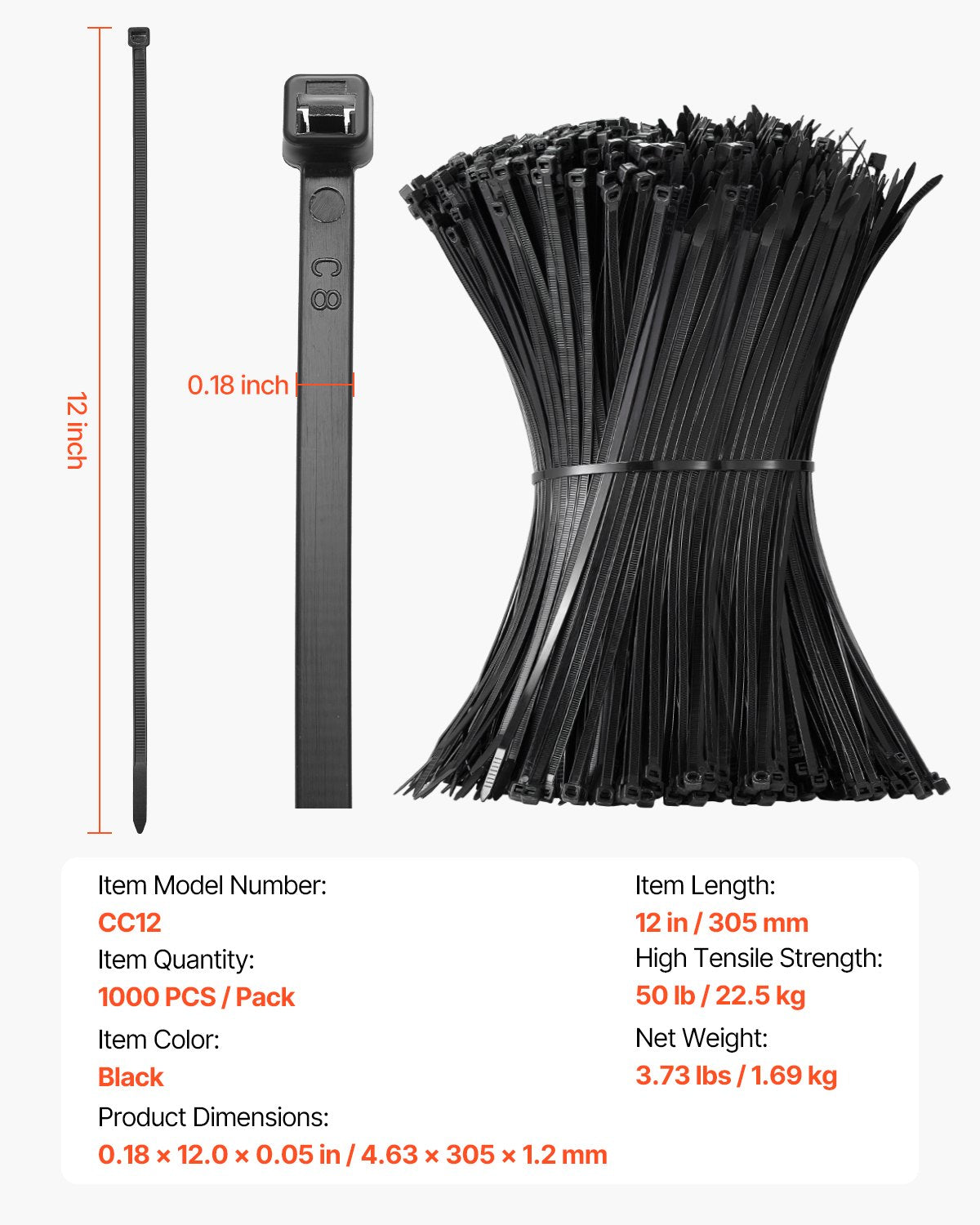 VEVOR 1000 Pack Cable Zip Ties, 12-inch Heavy Duty Cable Wire Ties with 50LBS High Tensile Strength, Multi-Purpose Self-Locking Nylon Tie Wraps, Heat & Cold Resistant for Indoor and Outdoor Use - DCCTZDLZD12I4I41NV0 - view 8