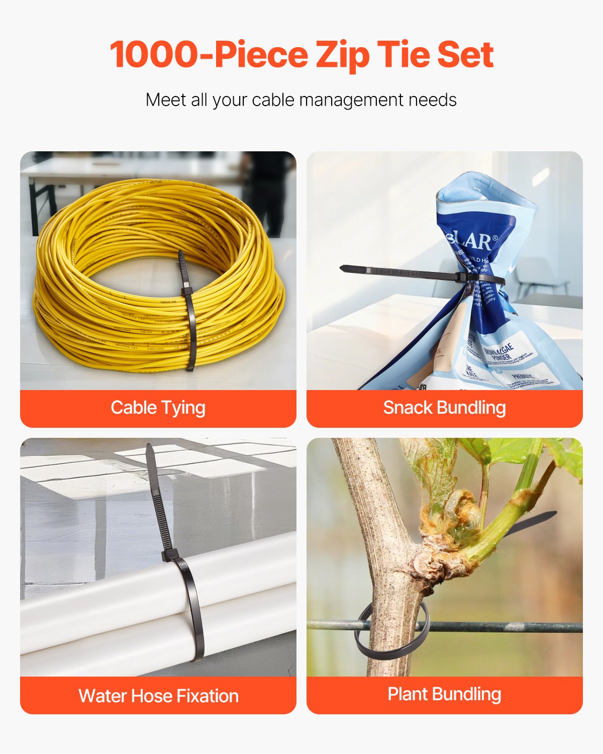 VEVOR 1000 Pack Cable Zip Ties, 8-inch Heavy Duty Cable Wire Ties with 45LBS High Tensile Strength, Multi-Purpose Self-Locking Nylon Tie Wraps, Heat & Cold Resistant for Indoor and Outdoor Use - DCCTZDLZD8INR77D4V0 - view 3