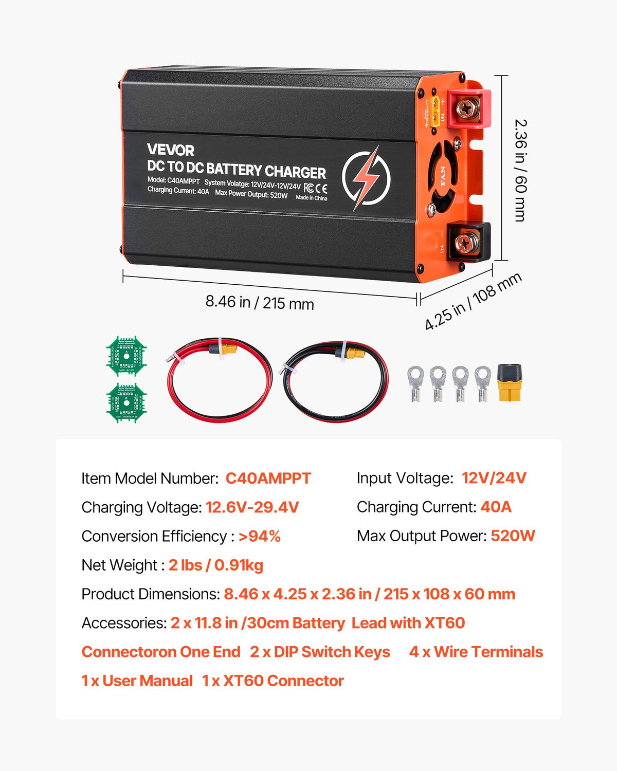VEVOR DC to DC Charger with MPPT, 520W, 40A On-Board Battery Charger, Solar Panel/Alternator Dual Input, Smart Multi-Stage Charging for LiFePO4 Lead-Acid Batteries, 12V/24V-12V/24V, for RV Home Backup - DCDCSDY12V2422Q4J001V9 - view 8