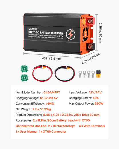 VEVOR DC to DC Charger with MPPT, 520W, 40A On-Board Battery Charger, Solar Panel/Alternator Dual Input, Smart Multi-Stage Charging for LiFePO4 Lead-Acid Batteries, 12V/24V-12V/24V, for RV Home Backup - DCDCSDY12V2422Q4J001V9 - view 8