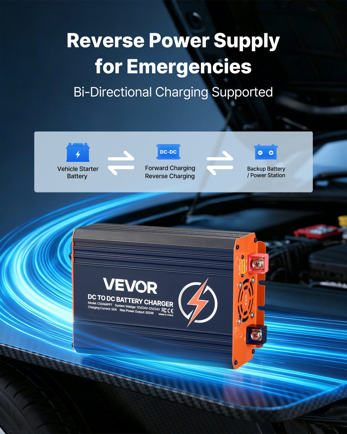VEVOR DC to DC Charger with MPPT, 650W, 50A On-Board Battery Charger, Solar Panel/Alternator Dual Input, Smart Multi-Stage Charging for LiFePO4 Lead-Acid Batteries, 12V/24V-12V/24V, for RV Home Backup - DCDCSDY12V24H29ZZ001V9 - view 5