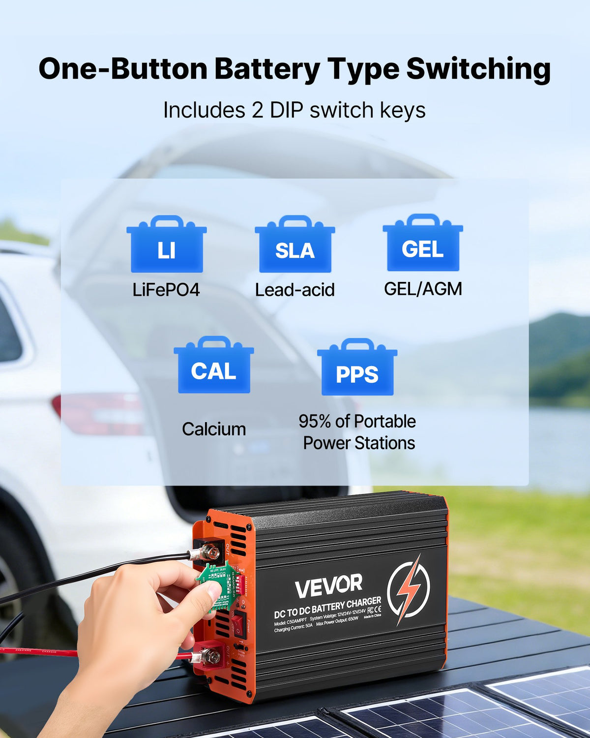VEVOR DC to DC Charger with MPPT, 650W, 50A On-Board Battery Charger, Solar Panel/Alternator Dual Input, Smart Multi-Stage Charging for LiFePO4 Lead-Acid Batteries, 12V/24V-12V/24V, for RV Home Backup - DCDCSDY12V24H29ZZ001V9 - view 6