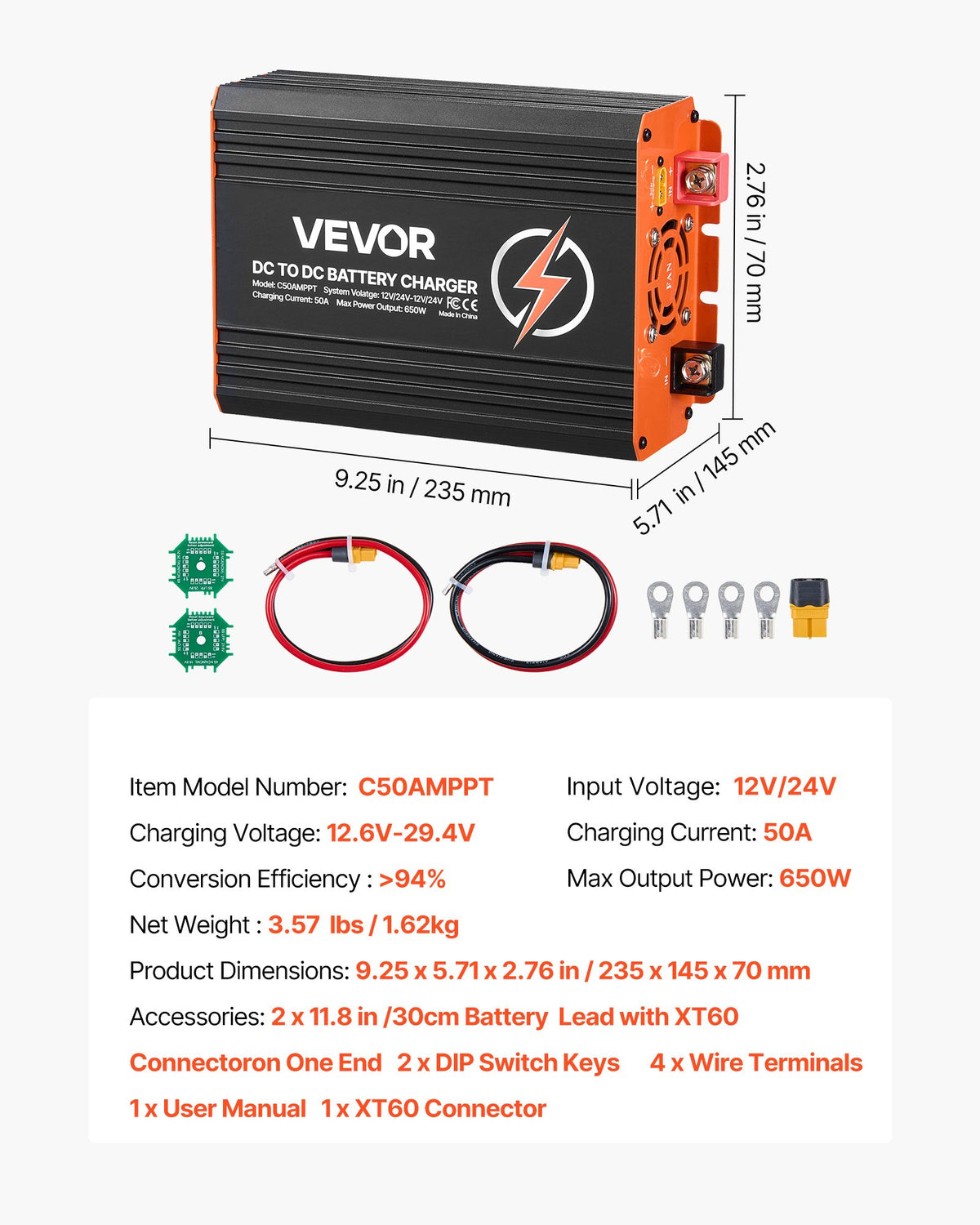 VEVOR DC to DC Charger with MPPT, 650W, 50A On-Board Battery Charger, Solar Panel/Alternator Dual Input, Smart Multi-Stage Charging for LiFePO4 Lead-Acid Batteries, 12V/24V-12V/24V, for RV Home Backup - DCDCSDY12V24H29ZZ001V9 - view 8